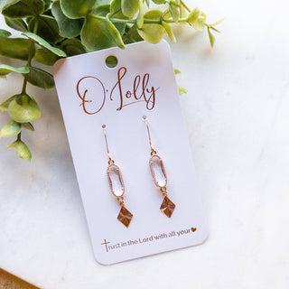 Dainty Clear Glass Oval Connector w/24K Gold Plated Textured Charm Earrings “Dani”