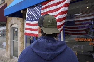 Five Panel Trucker Hat: Painted American Flag (Olive/Black)