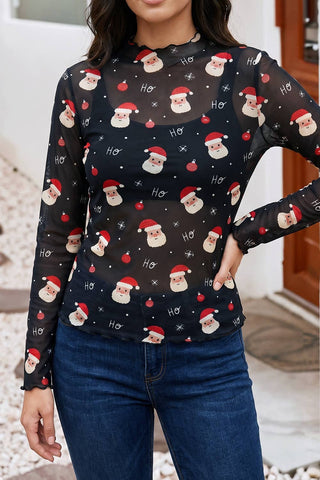 Christmas Santa Print Sheer Mock Neck Long Sleeve Top