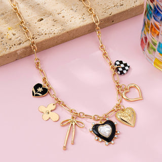 CHARM NECKLACE-BOW CHECKER HEART RHINESTONE