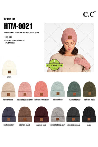 C.C Heather Knit Suede Patch Beanie Winter Hat