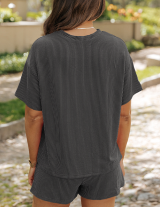 Orange Ribbed Textured Knit Loose Fit Tee Shorts Set