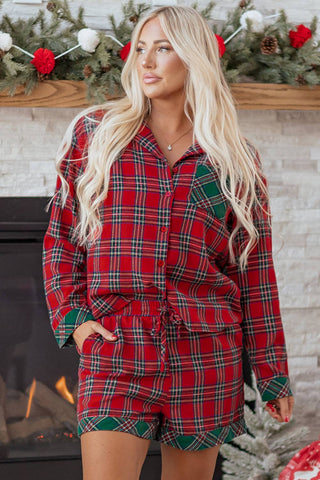 Plaid Patchwork Top and Shorts Pajama Set