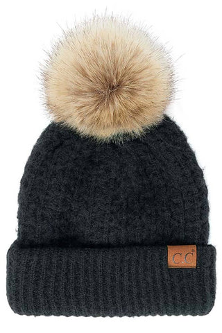 C.C Smocking Stitch Pattern Cuff Beanie with Pom Winter Hat