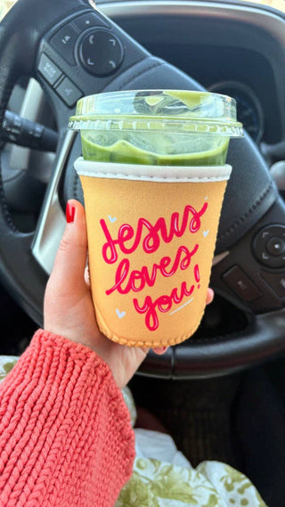 Yellow Jesus Loves You Coffee Sleeve