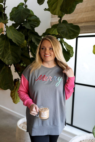 Merry 3D Embroidered Sweatshirt in Grey/Vintage Red