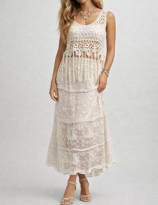 Crochet Hollow-Out Tassel Top &  Lace Midi Skirt Set
