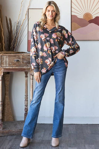 LONG PUFF SLEEVE FLORAL PRINT TOP