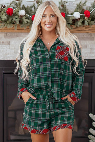 Plaid Patchwork Top and Shorts Pajama Set