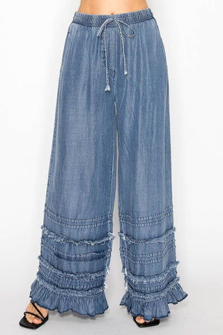 Boho Tiered Chambray Wide Leg Palazzo Pants