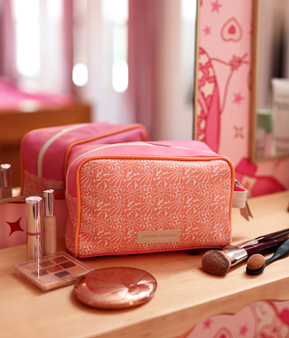 Handle Cosmetic Bag – 'Face' Embroidered – Pink/Orange/Cream
