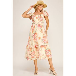 FLUTTER SLEEVE FLORAL TIERED MIDI DRESS