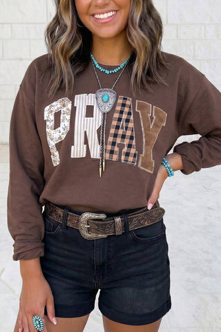 PRAY Letter Embroidered Western Pullover Sweatshirt