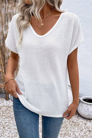 WHITE V-NECK HOLLOW SHORT-SLEEVED T-SHIRT TOP