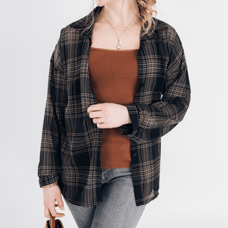Black Plaid Ice Silk Shirt- Women