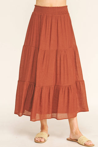 SMOCKED WAIST TIERED MAXI SKIRT