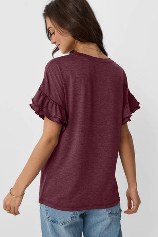SOLID COLOR ROUND NECK RUFFLE SLEEVE TOP