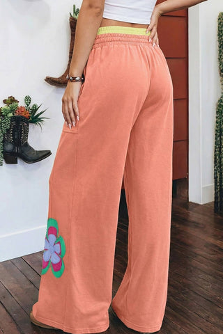 Flower Patched Drawstring Contrasted Elastic Waist Pants