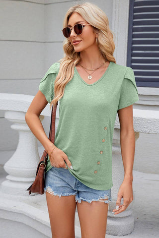V-NECK BUTTON FLOWER SLEEVE SHORT SLEEVE TOP