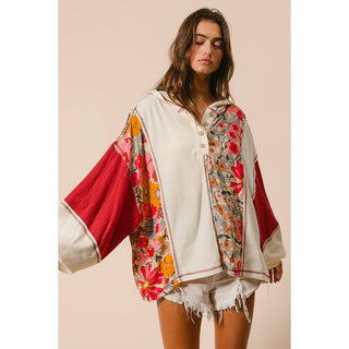 KNIT AND PRINT MIXED HOODIE TOP
