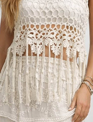Crochet Hollow-Out Tassel Top &  Lace Midi Skirt Set