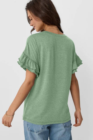 SOLID COLOR ROUND NECK RUFFLE SLEEVE TOP