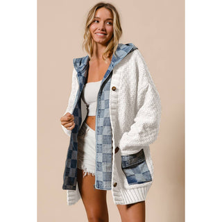WASHED CHECKER DENIM ZIP UP SWEATER CARDIGAN