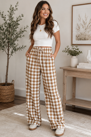 Brown Gingham Wide Leg Pants