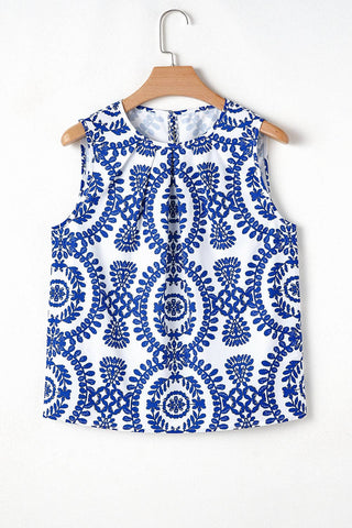 Blue Vintage Print Pintuck Crew Neck Tank Top