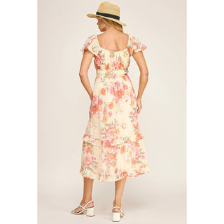 FLUTTER SLEEVE FLORAL TIERED MIDI DRESS