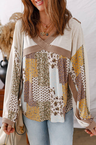 Floral Printed Contrast Patchwork Long Sleeve Top