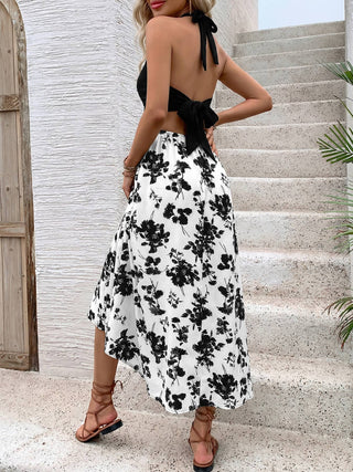 Halter Neck Cutout Maxi Dress with Floral Print Skirt