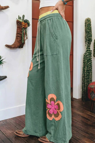 Flower Patched Drawstring Contrasted Elastic Waist Pants