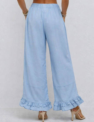 Elastic Waist Drawstring Ruffle Hem Wide Leg Pants