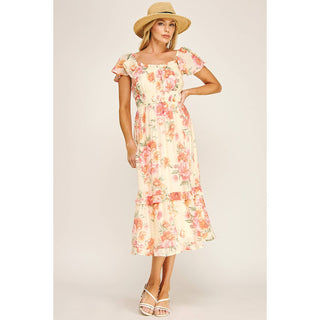 FLUTTER SLEEVE FLORAL TIERED MIDI DRESS