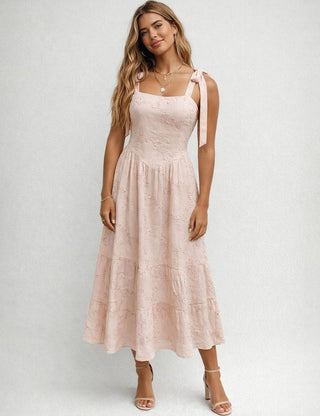 Ladies Embroidery Square Neck Tie Shoulder Strap Midi Dress