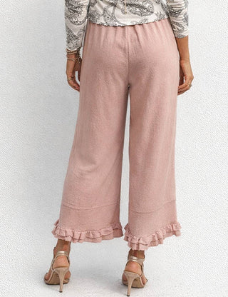Elastic Waist Drawstring Ruffle Hem Wide Leg Pants