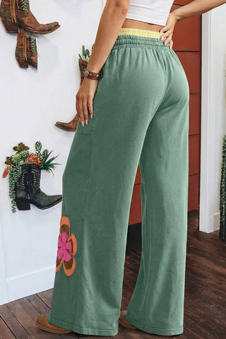 Flower Patched Drawstring Contrasted Elastic Waist Pants