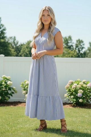 Sunny Days Striped Midi Dress in Blue