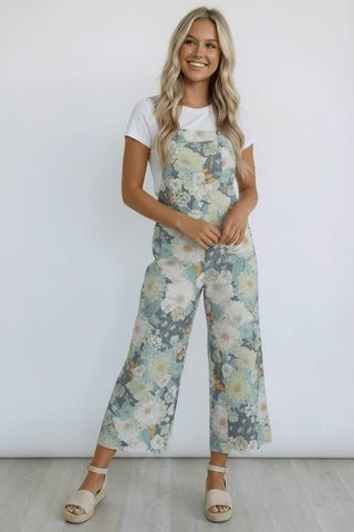 SAGE FLORAL PRINT LINEN OVERALL WITH ELASTIC SHOULDER STRAPS
