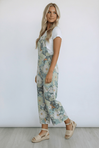 SAGE FLORAL PRINT LINEN OVERALL WITH ELASTIC SHOULDER STRAPS