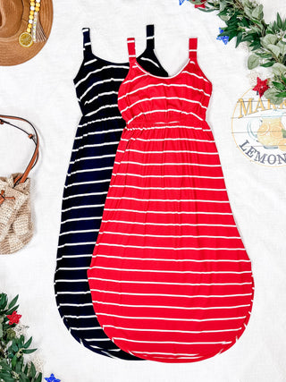 IN STOCK Reagan Ribbed Midi Dress - Red Stripes