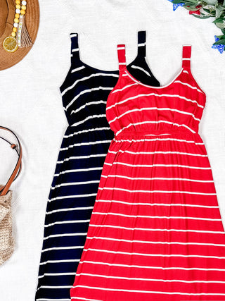 IN STOCK Reagan Ribbed Midi Dress - Red Stripes