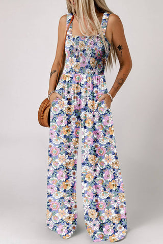 Boho Floral Print Smocked High Waist Square Neck Jumpsuit