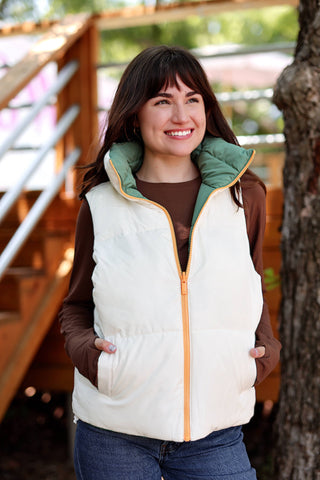 Puffer Vest – Reversible Quilted Puffer Vest- Olive/Cream
