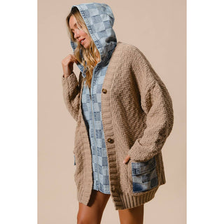 WASHED CHECKER DENIM ZIP UP SWEATER CARDIGAN