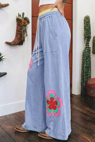 Flower Patched Drawstring Contrasted Elastic Waist Pants