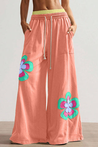 Flower Patched Drawstring Contrasted Elastic Waist Pants