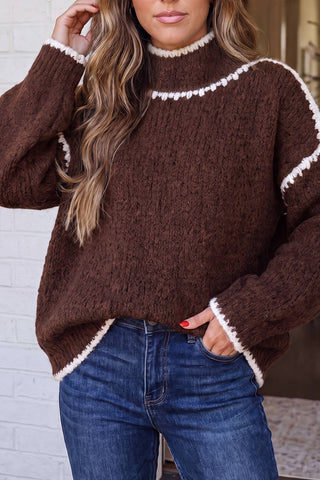 Keli Cozy Contrast Trim Mock Neck Relaxed Sweater