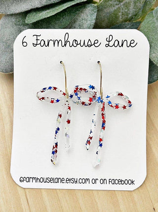 Patriotic glitter bow Earrings: 4th of July Red White and Blue